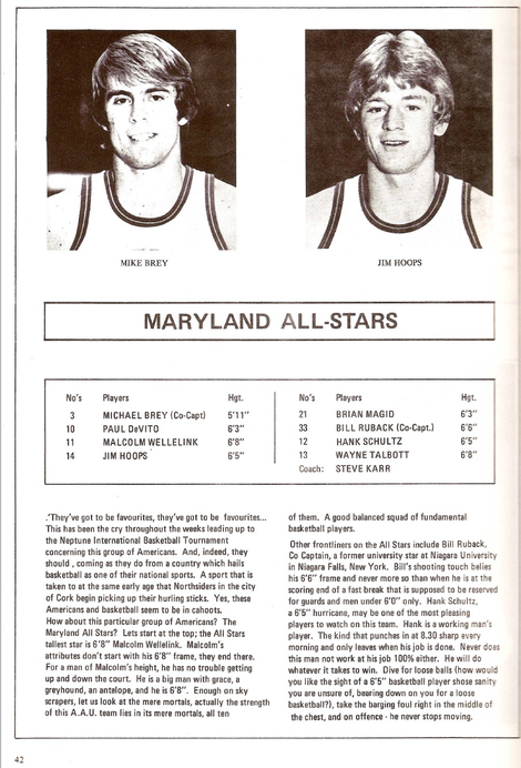 Future Notre Dame coach Mike Brey from the 1981 Neptune tournament program, which described him as “a coach on the floor” for the “running band of Reaganites.”